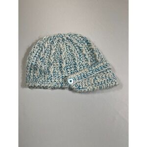 Pistil Blue White Chunky Knit Beanie Hat Button Brim Boho Winter Aesthetic